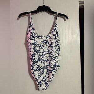 NWT! Michael Kors Chambray White Floral Lace Up Back One Piece Swimsuit NEW! 12